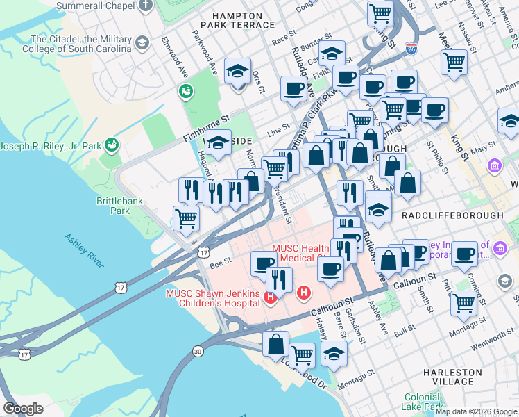 map of restaurants, bars, coffee shops, grocery stores, and more near 197 Spring Street in Charleston
