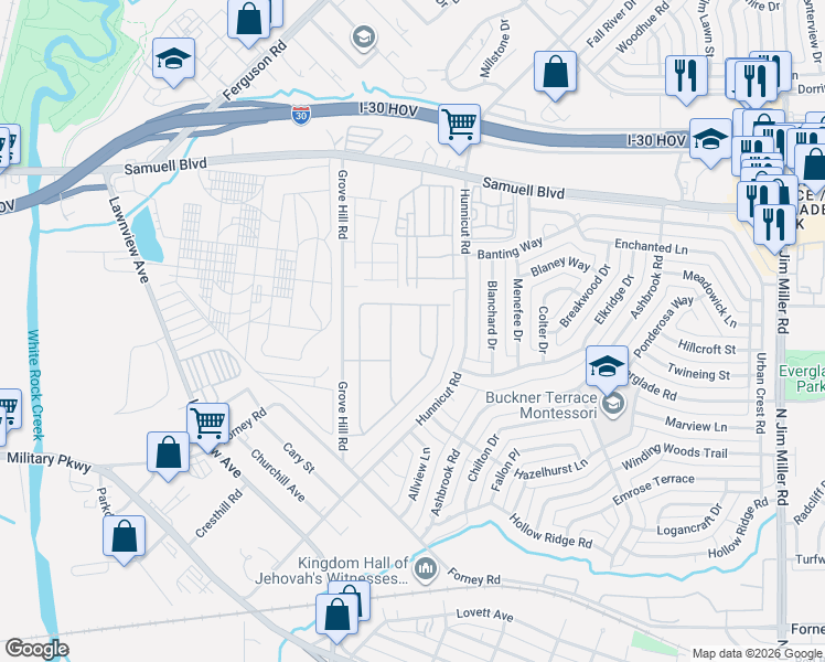 map of restaurants, bars, coffee shops, grocery stores, and more near 2839 Lacompte Drive in Dallas