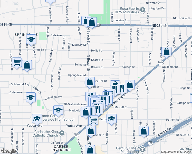 map of restaurants, bars, coffee shops, grocery stores, and more near 3908 Rusty Dell Street in Haltom City