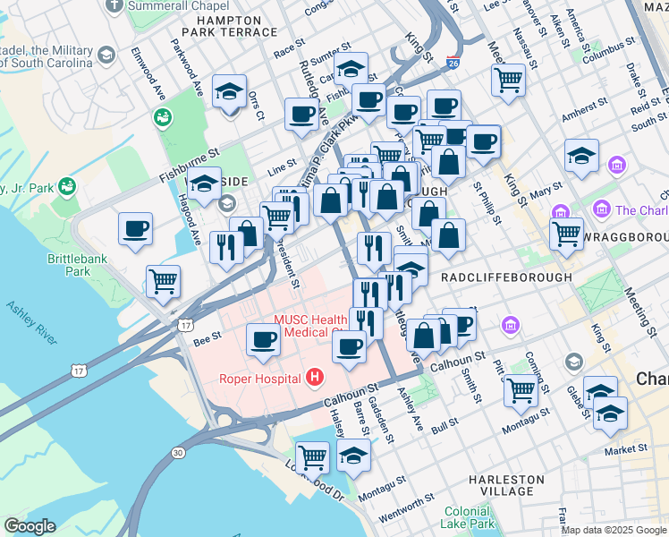 map of restaurants, bars, coffee shops, grocery stores, and more near 6 Islington Court in Charleston