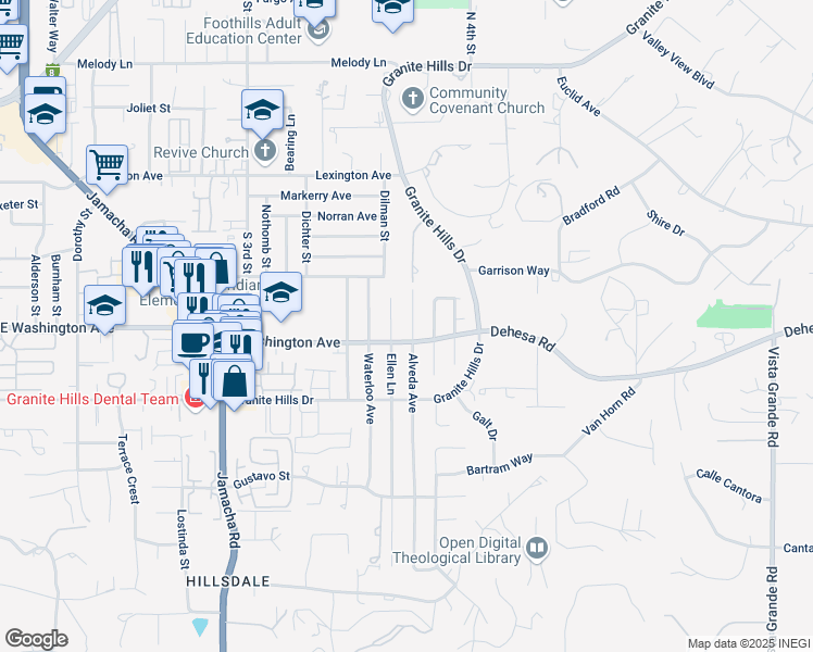 map of restaurants, bars, coffee shops, grocery stores, and more near 702 Alveda Avenue in El Cajon