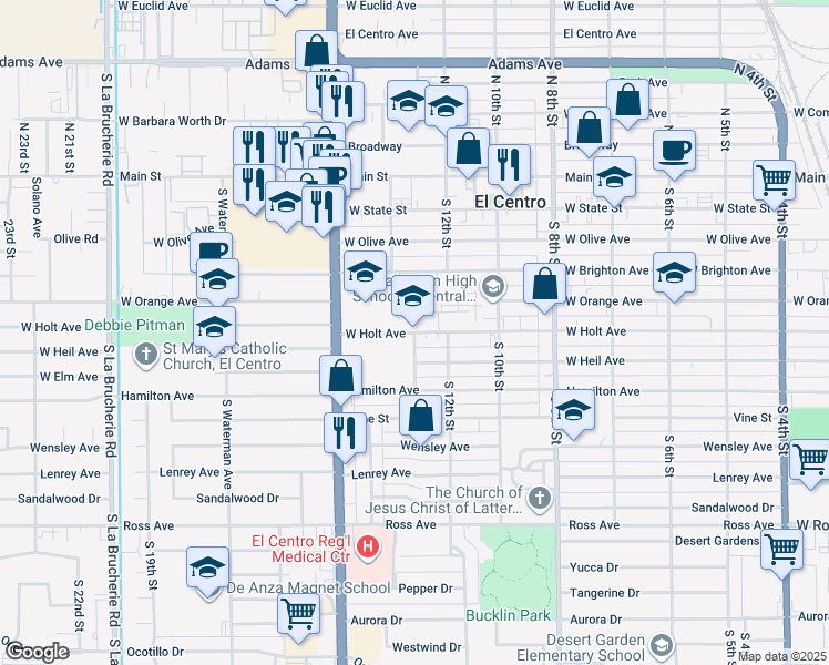 map of restaurants, bars, coffee shops, grocery stores, and more near 600 South Wilson Street in El Centro