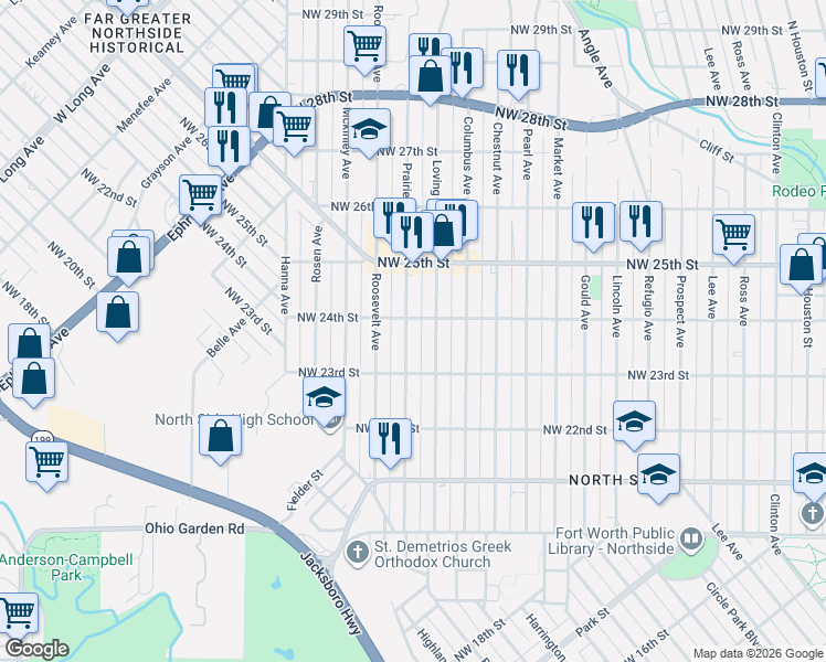 map of restaurants, bars, coffee shops, grocery stores, and more near 2307 Loving Avenue in Fort Worth