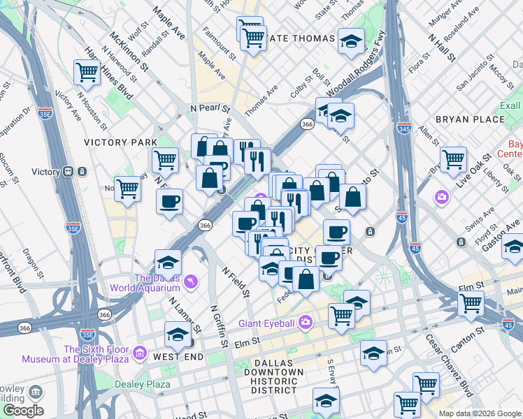 map of restaurants, bars, coffee shops, grocery stores, and more near 1717 North Harwood Street in Dallas