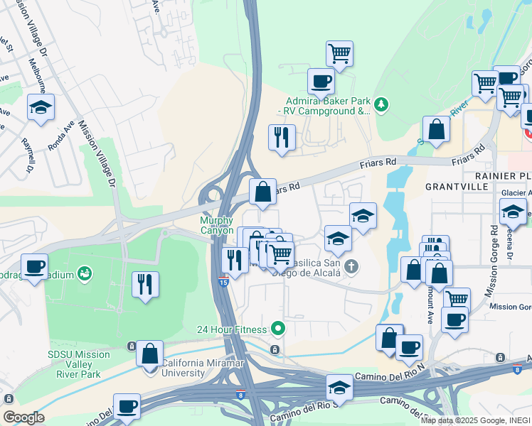 map of restaurants, bars, coffee shops, grocery stores, and more near 10250 Caminito Cuervo in San Diego