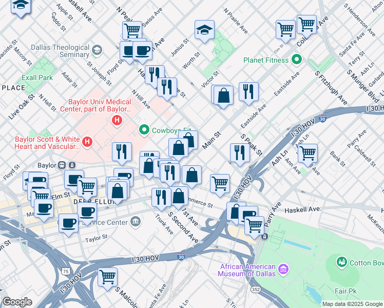 map of restaurants, bars, coffee shops, grocery stores, and more near 3912 Main Street in Dallas