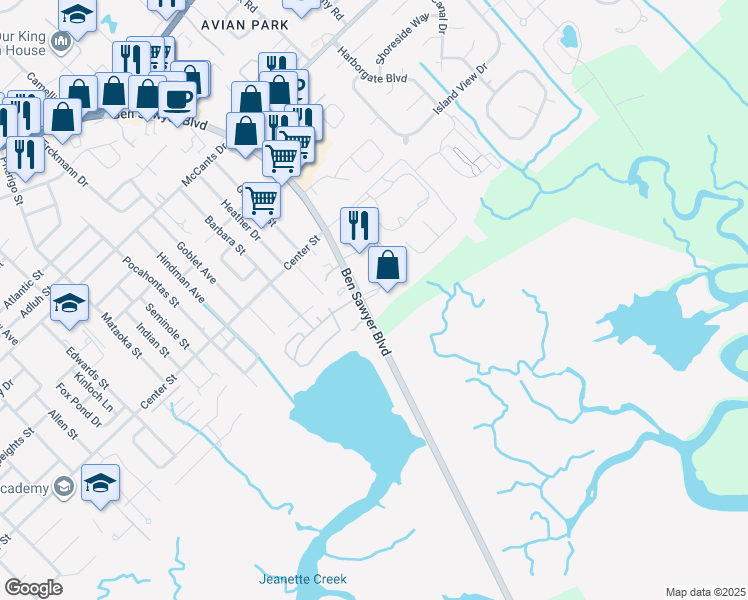 map of restaurants, bars, coffee shops, grocery stores, and more near 1517 Ben Sawyer Boulevard in Mount Pleasant