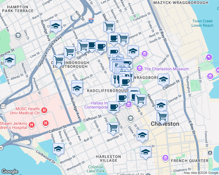 map of restaurants, bars, coffee shops, grocery stores, and more near 15 Radcliffe Street in Charleston