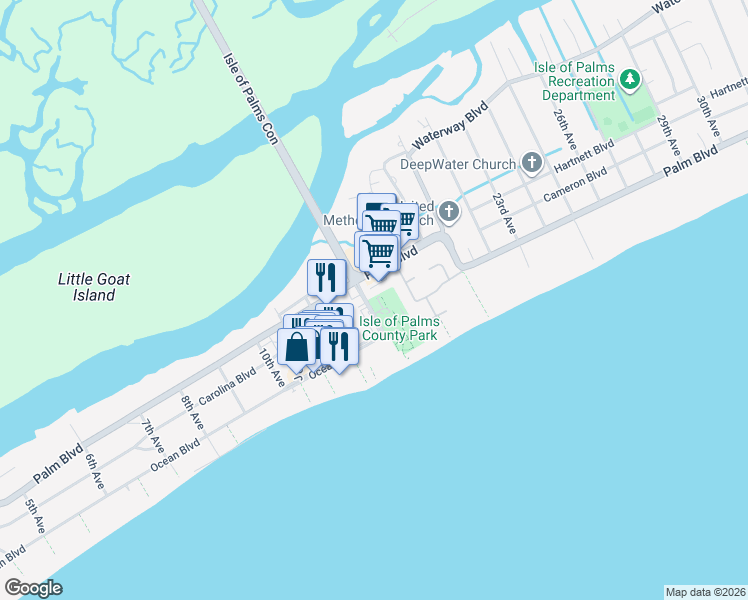 map of restaurants, bars, coffee shops, grocery stores, and more near 1 14th Avenue in Isle of Palms