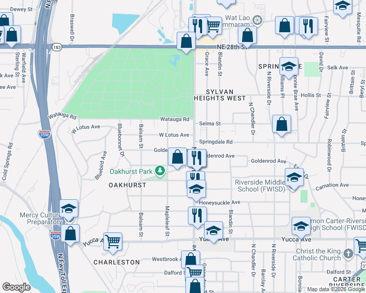 map of restaurants, bars, coffee shops, grocery stores, and more near 1913 North Sylvania Avenue in Fort Worth
