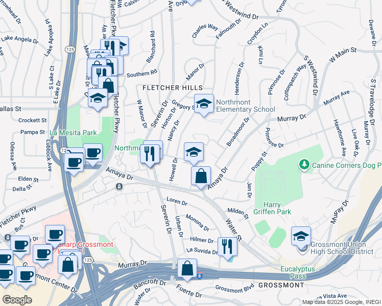 map of restaurants, bars, coffee shops, grocery stores, and more near 9320 Earl Street in La Mesa