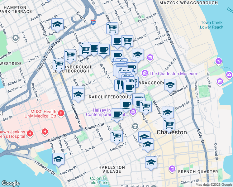 map of restaurants, bars, coffee shops, grocery stores, and more near 15 Radcliffe Street in Charleston