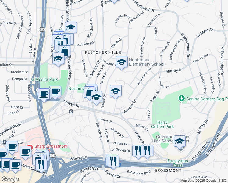map of restaurants, bars, coffee shops, grocery stores, and more near 9320 Earl Street in La Mesa