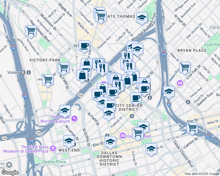 map of restaurants, bars, coffee shops, grocery stores, and more near 300 Crescent Court in Dallas