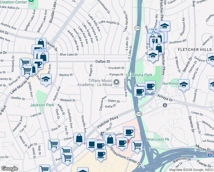 map of restaurants, bars, coffee shops, grocery stores, and more near 6055 Odessa Avenue in La Mesa