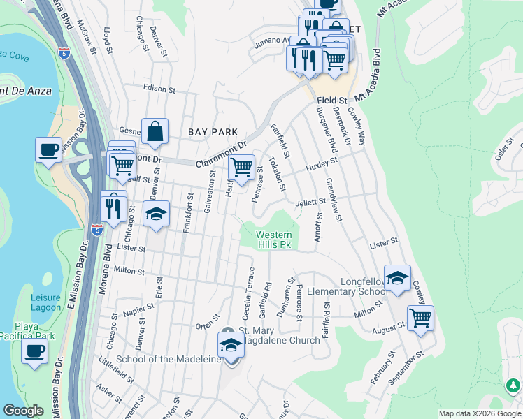map of restaurants, bars, coffee shops, grocery stores, and more near 4846 Jellett Street in San Diego