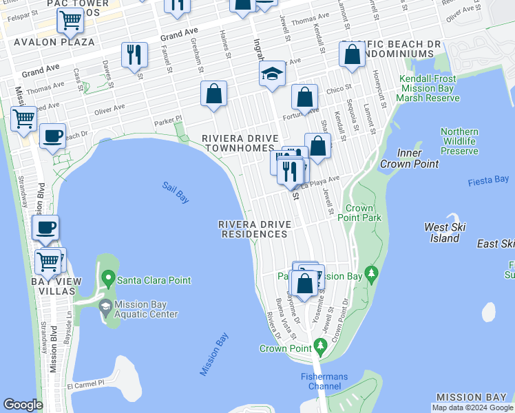 map of restaurants, bars, coffee shops, grocery stores, and more near 3817 Riviera Drive in San Diego