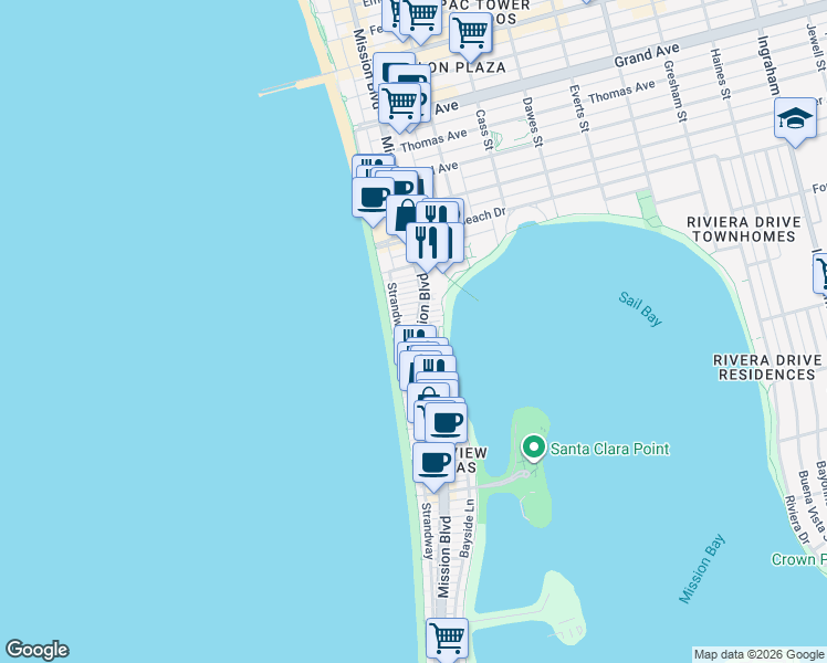 map of restaurants, bars, coffee shops, grocery stores, and more near 3944 Mission Boulevard in San Diego