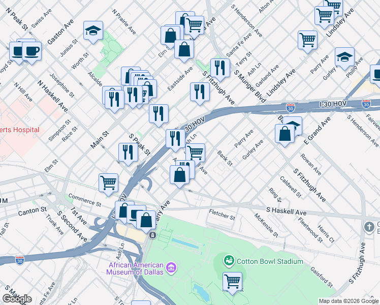 map of restaurants, bars, coffee shops, grocery stores, and more near 4504 Ash Lane in Dallas
