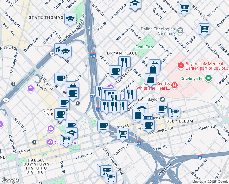 map of restaurants, bars, coffee shops, grocery stores, and more near 2700 Live Oak Street in Dallas