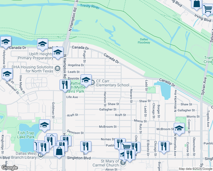 map of restaurants, bars, coffee shops, grocery stores, and more near 1902 Bayside Street in Dallas