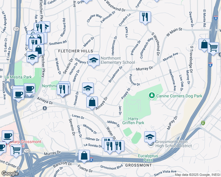 map of restaurants, bars, coffee shops, grocery stores, and more near 6040 Amaya Drive in La Mesa