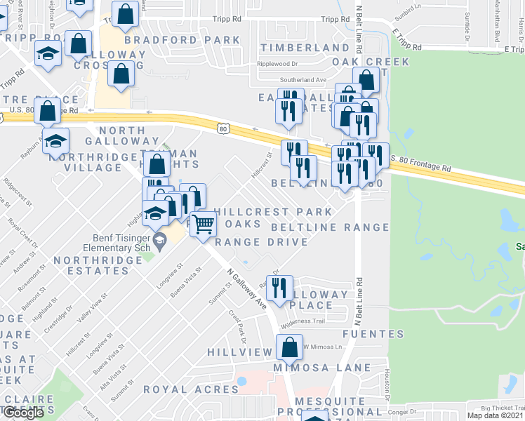 map of restaurants, bars, coffee shops, grocery stores, and more near 1619 Hancock Drive in Mesquite