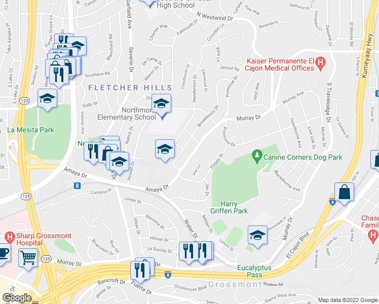 map of restaurants, bars, coffee shops, grocery stores, and more near 6040 Amaya Drive in La Mesa