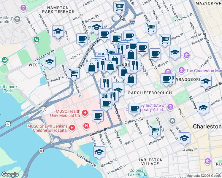 map of restaurants, bars, coffee shops, grocery stores, and more near 92 Morris Street in Charleston
