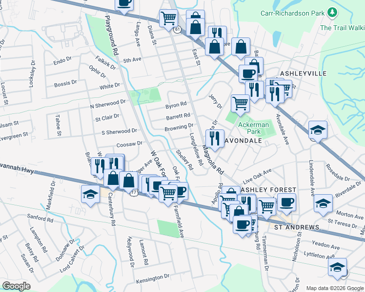 map of restaurants, bars, coffee shops, grocery stores, and more near 1040 Kipling Road in Charleston