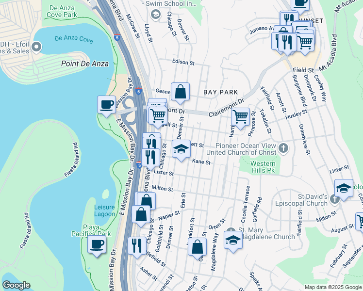 map of restaurants, bars, coffee shops, grocery stores, and more near 2433 Denver Street in San Diego