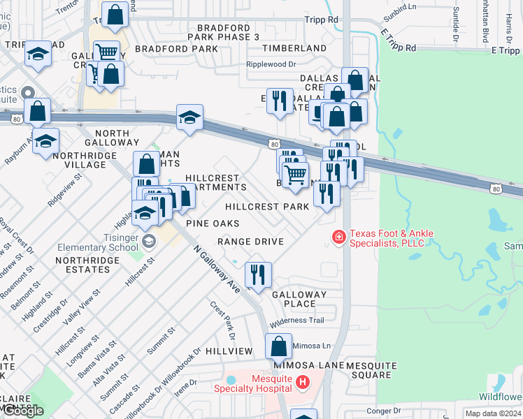 map of restaurants, bars, coffee shops, grocery stores, and more near 1606 Hancock Drive in Mesquite
