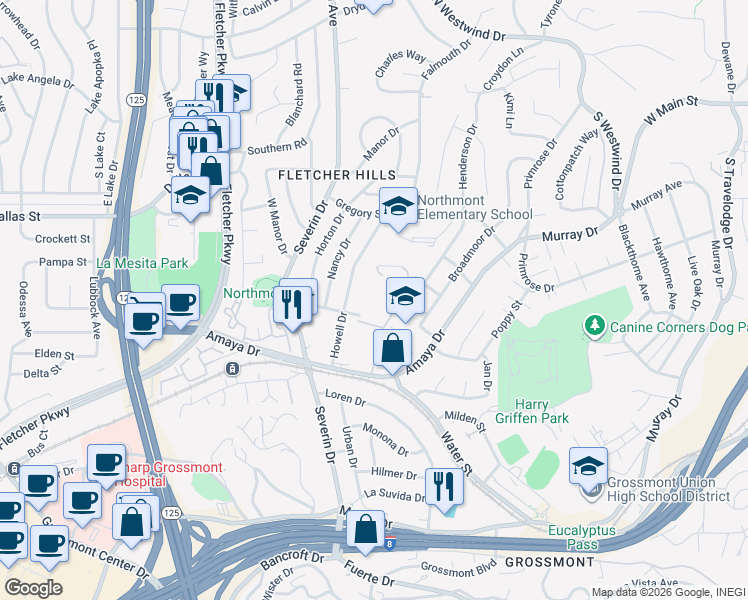 map of restaurants, bars, coffee shops, grocery stores, and more near 9320 Earl Street in La Mesa