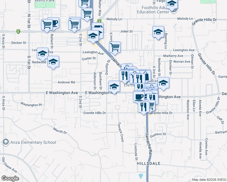 map of restaurants, bars, coffee shops, grocery stores, and more near 1350 East Washington Avenue in El Cajon