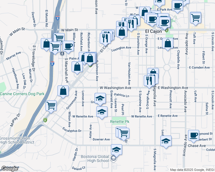 map of restaurants, bars, coffee shops, grocery stores, and more near 633 South Johnson Avenue in El Cajon