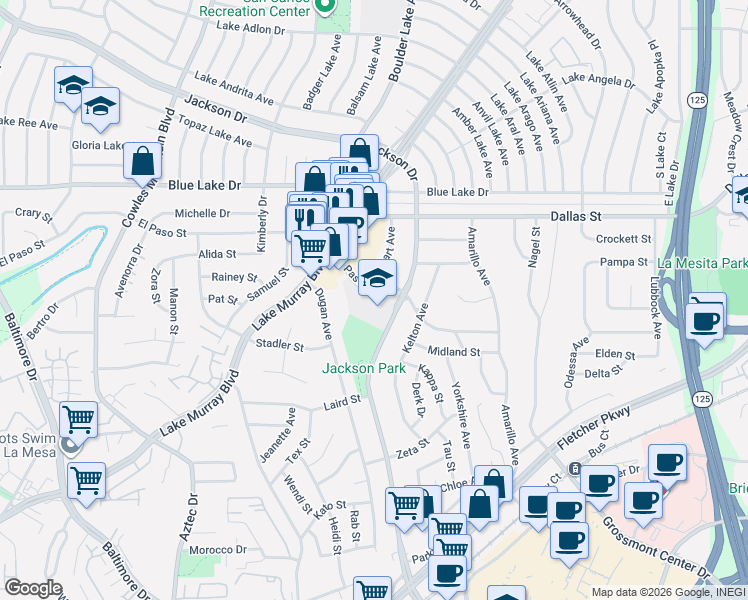 map of restaurants, bars, coffee shops, grocery stores, and more near 8334 El Paso Street in La Mesa