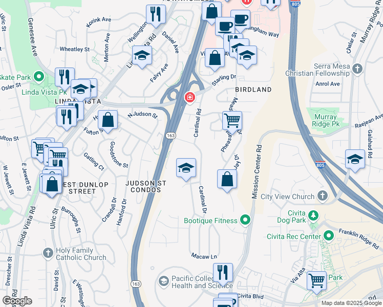 map of restaurants, bars, coffee shops, grocery stores, and more near 2395 Cardinal Drive in San Diego