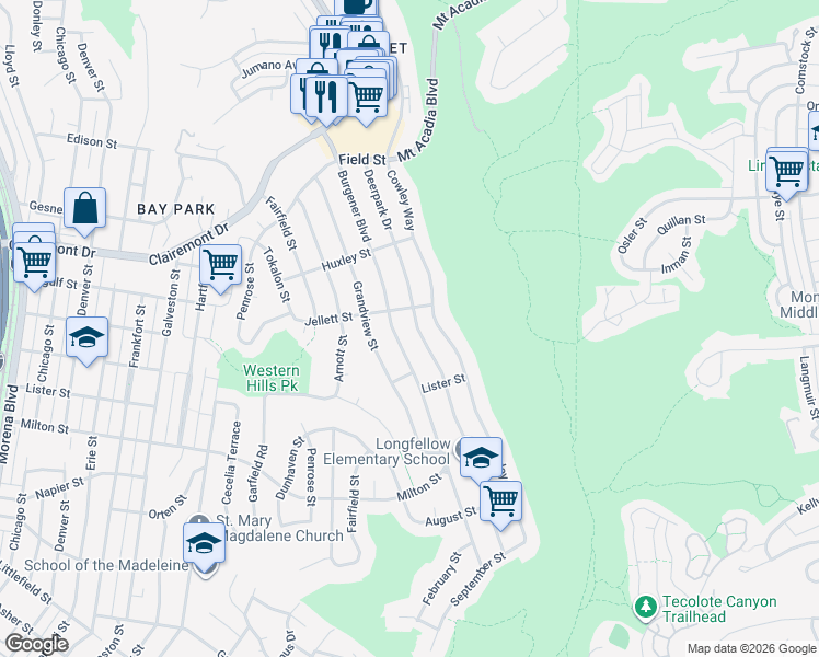 map of restaurants, bars, coffee shops, grocery stores, and more near 2557 Deerpark Drive in San Diego