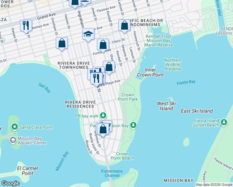 map of restaurants, bars, coffee shops, grocery stores, and more near 3722 Crown Point Drive in San Diego