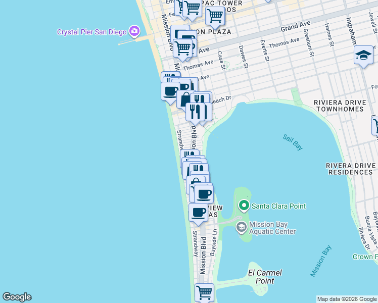 map of restaurants, bars, coffee shops, grocery stores, and more near 3944 Mission Boulevard in San Diego