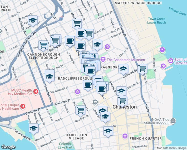 map of restaurants, bars, coffee shops, grocery stores, and more near 36 John Street in Charleston