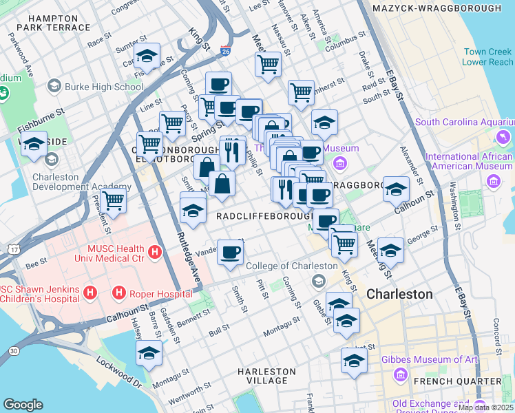 map of restaurants, bars, coffee shops, grocery stores, and more near 34 Radcliffe Street in Charleston