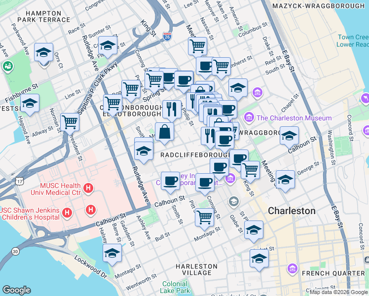 map of restaurants, bars, coffee shops, grocery stores, and more near 34 Radcliffe Street in Charleston