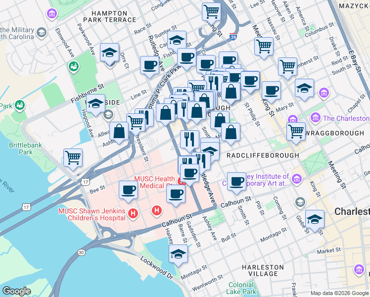 map of restaurants, bars, coffee shops, grocery stores, and more near in Charleston