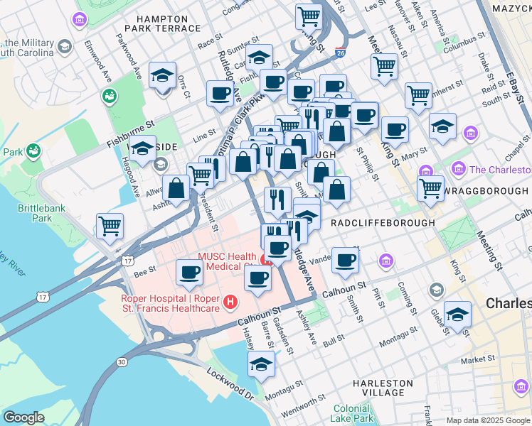 map of restaurants, bars, coffee shops, grocery stores, and more near in Charleston