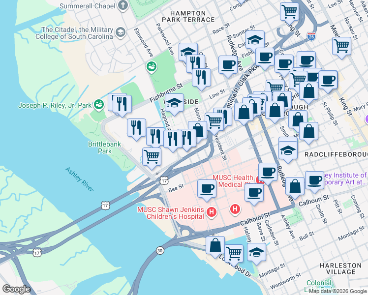 map of restaurants, bars, coffee shops, grocery stores, and more near 33 Allway Street in Charleston