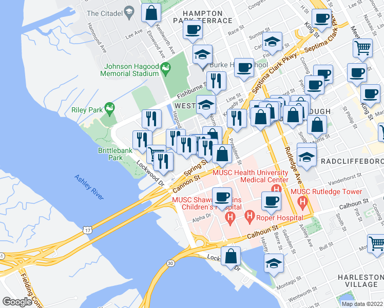 map of restaurants, bars, coffee shops, grocery stores, and more near 33 Allway Street in Charleston
