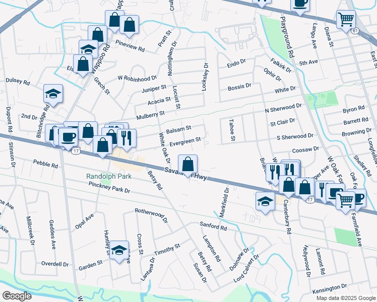 map of restaurants, bars, coffee shops, grocery stores, and more near 1527 Evergreen Street in Charleston