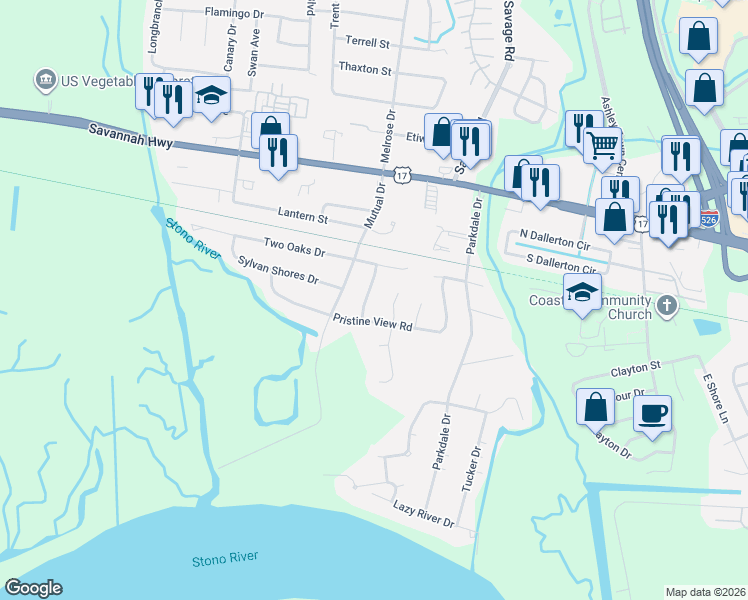 map of restaurants, bars, coffee shops, grocery stores, and more near 423 Tramway Drive in Charleston