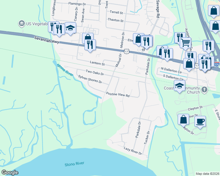 map of restaurants, bars, coffee shops, grocery stores, and more near 423 Tramway Drive in Charleston